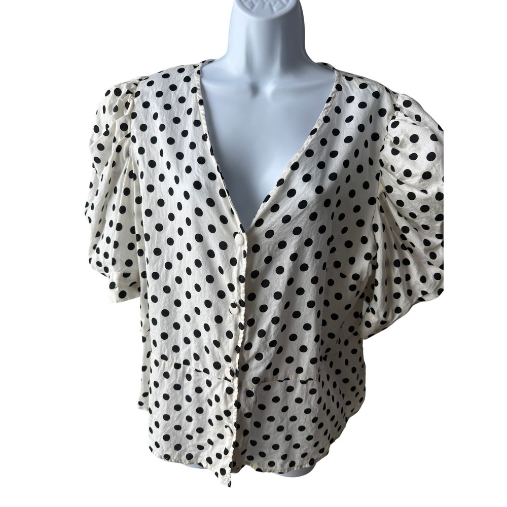 Who What Wear Polka Dot Peplum Button Up Blouse Puff Sleeves Black White XXL